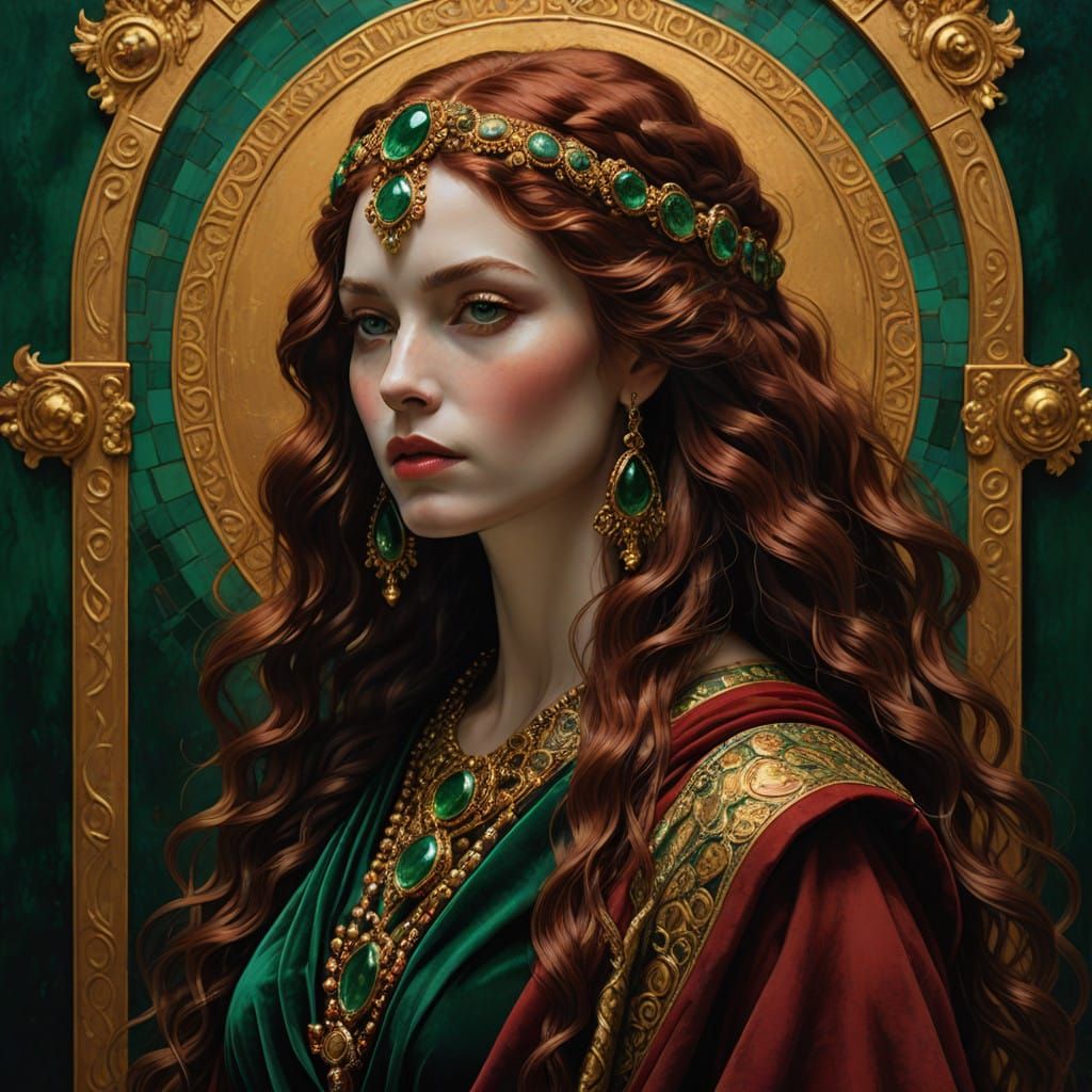 Ancient Roman Priestess in Golden Robes with Emerald Eyes