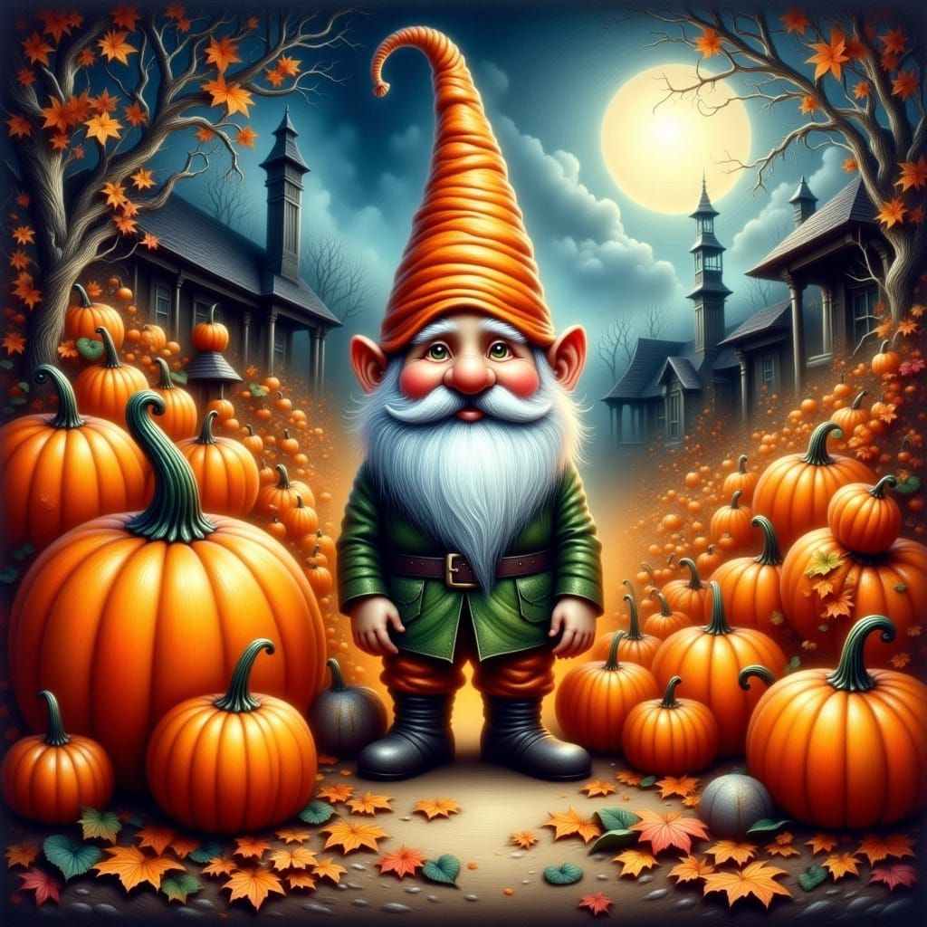 Glowing Gnomes in a Vibrant Pumpkin Patch