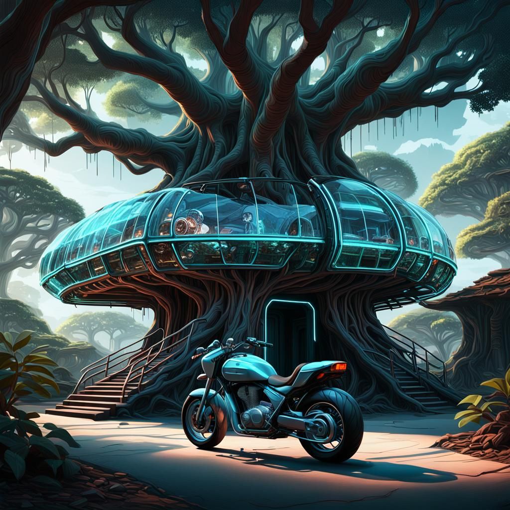 Glowing Crystal House Under Banyan Tree: Sci-Fi 3D Art