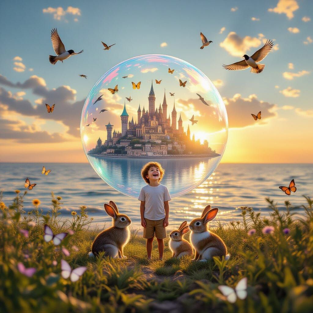 Whimsical Sunset City in Bubble Over Butterfly Ocean