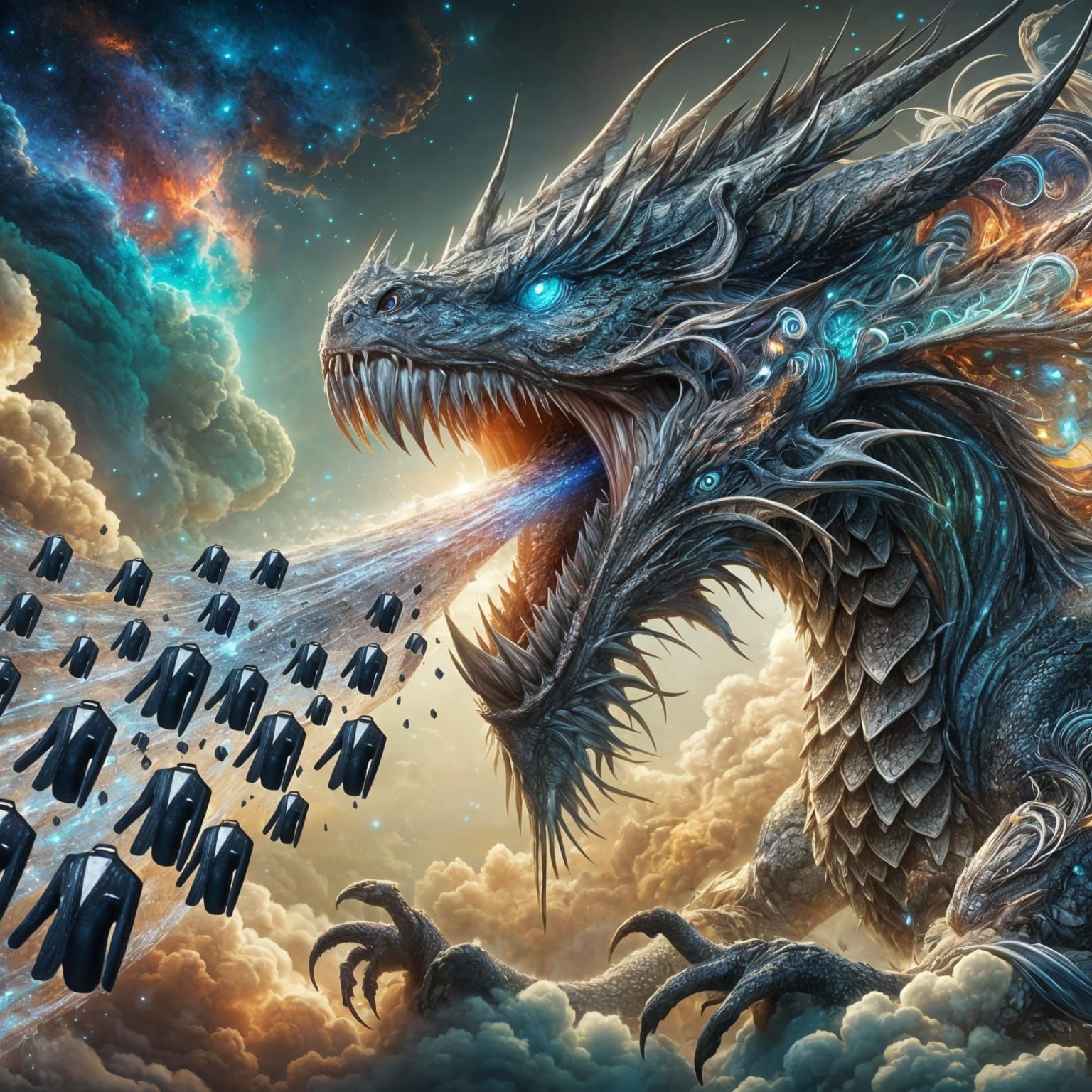 Surreal Dragon Unleashes Tuxedo Storm in Cosmic Landscape