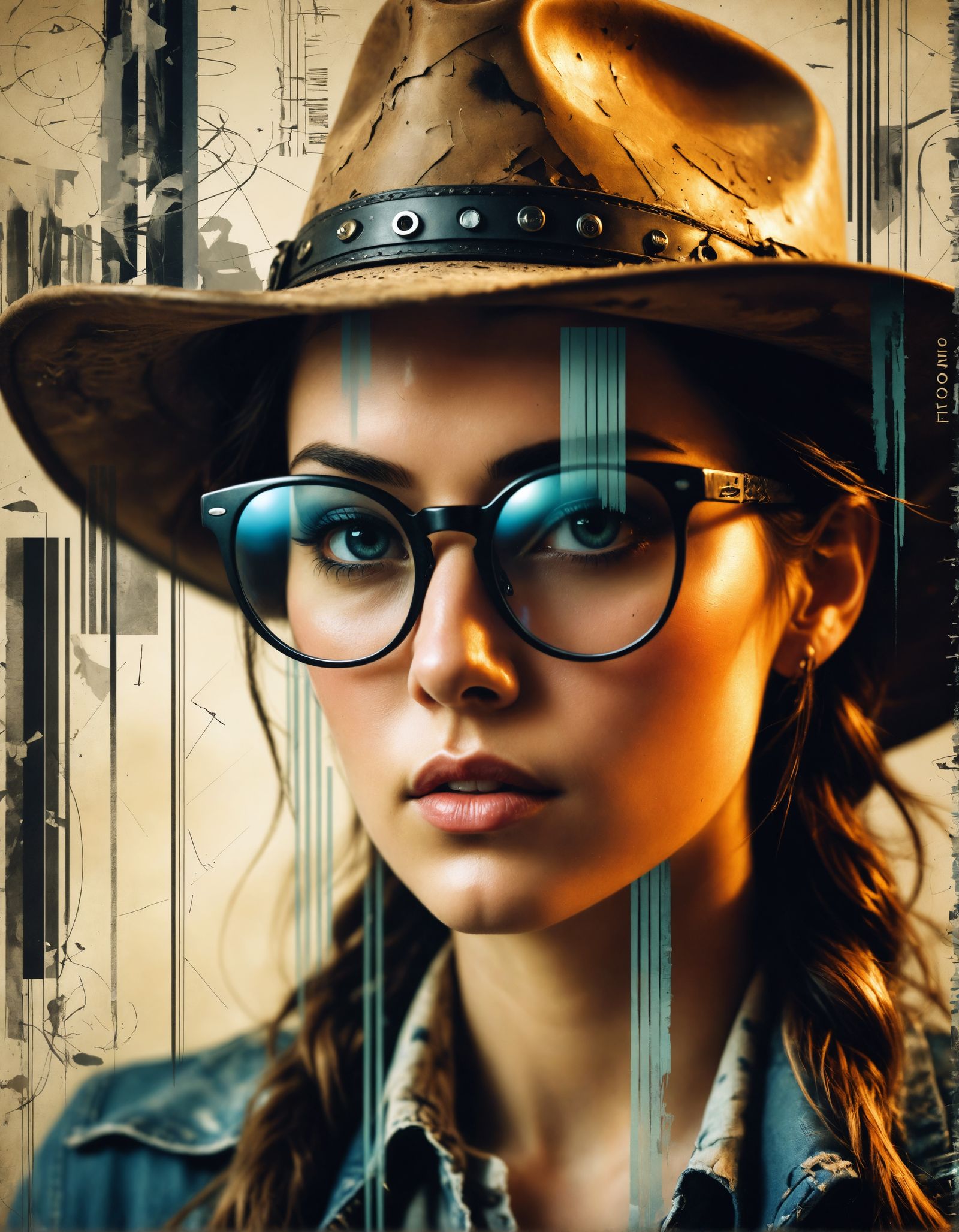 Glitch Art Portrait of Steampunk Girl with Distortion