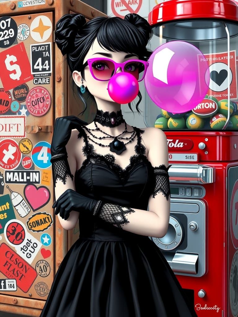 Goth Girl Blows Pink Bubblegum in Retro-Style Gumball Machin...