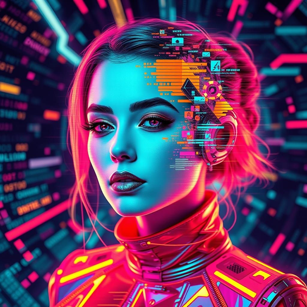Neon Pixel Woman in Cyberpunk Style
