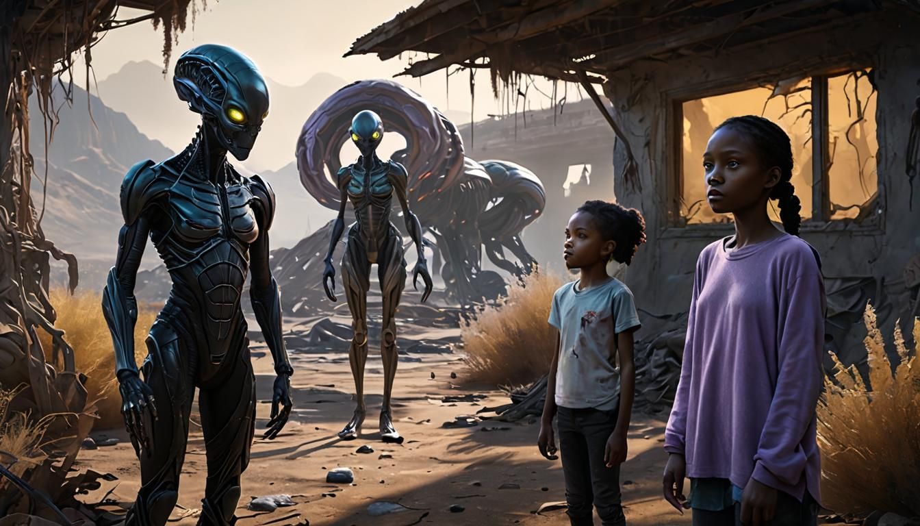 Alien Widow in Ruined Village: Sci-Fi Digital Art