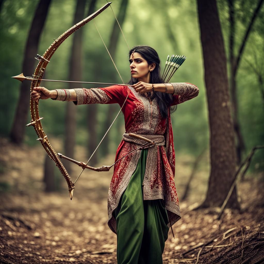 Pakistani Woman Archer in Forest, Hyperrealistic