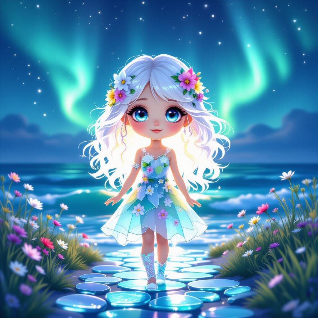 Crystal Girl with Fiery Hair and Aurora Borealis
