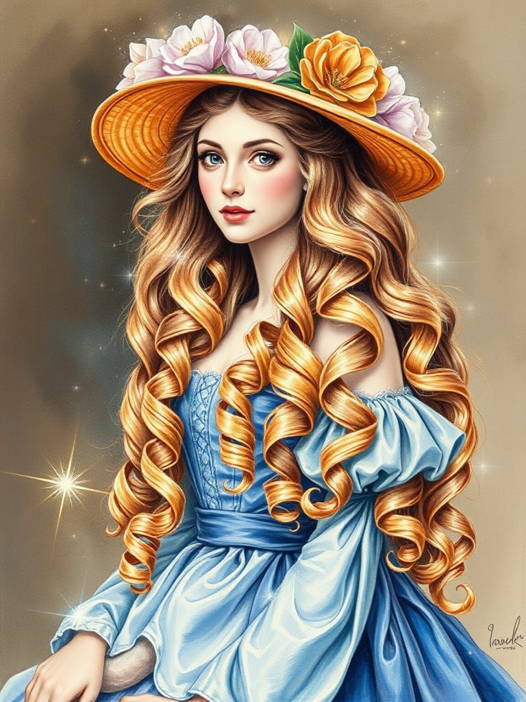 Elegant Woman with Iridescent Curls: Watercolor Painting