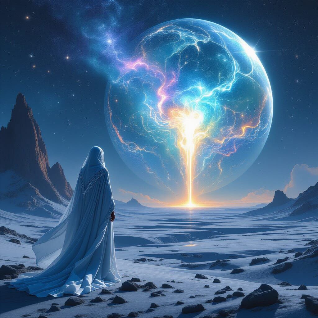 Celestial Host on Moonscape Under Nebula