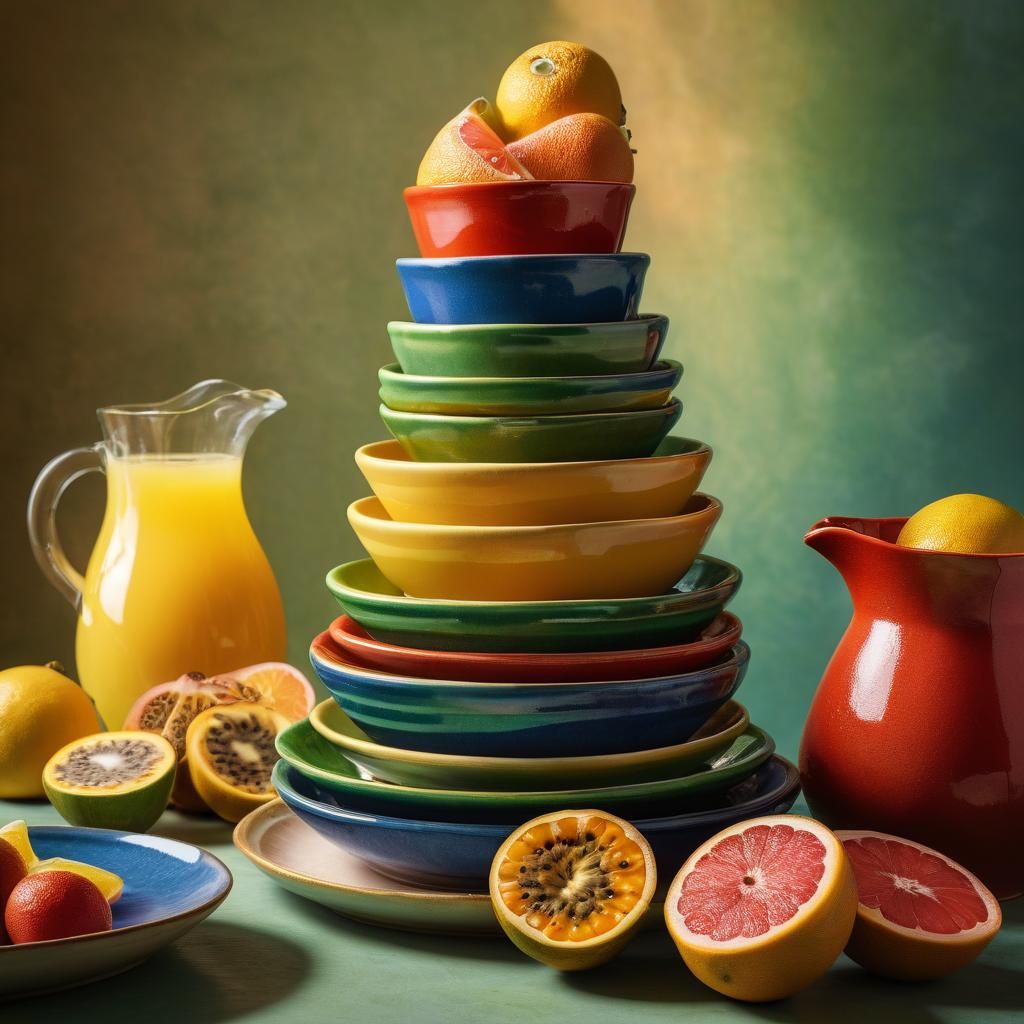 Vibrant Still Life with Ceramic Tableware and Tropical Fruit...