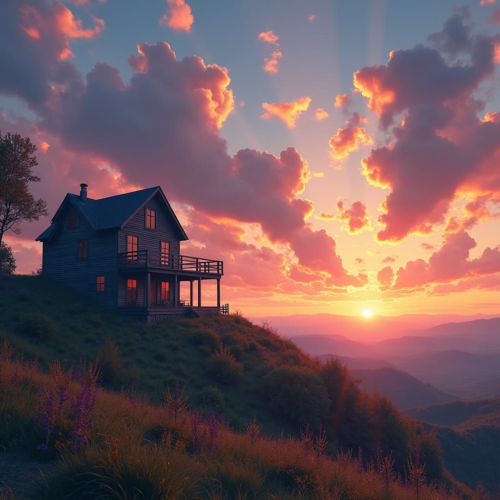 Farmhouse Sunset Over Countryside in Fantasy Matte Painting