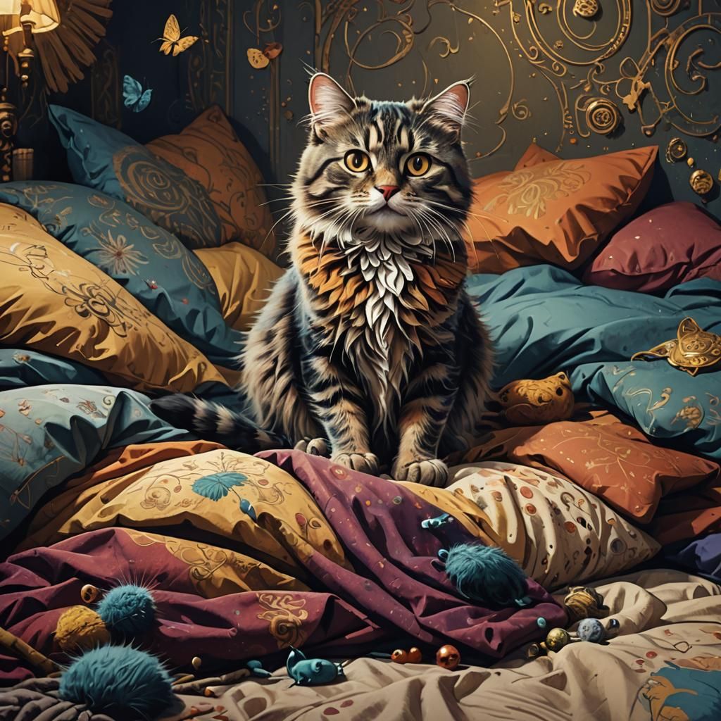 Cartoon Cat Scared of Wrestling Mouse