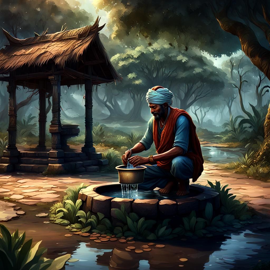 Man Drawing Water from Well in Kerala, Matte Painting