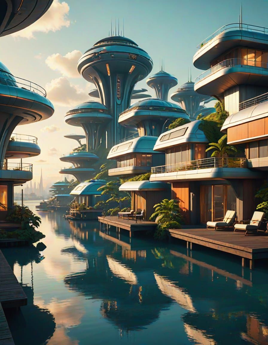 Retro-Futuristic Harbor Scene in Golden Hour