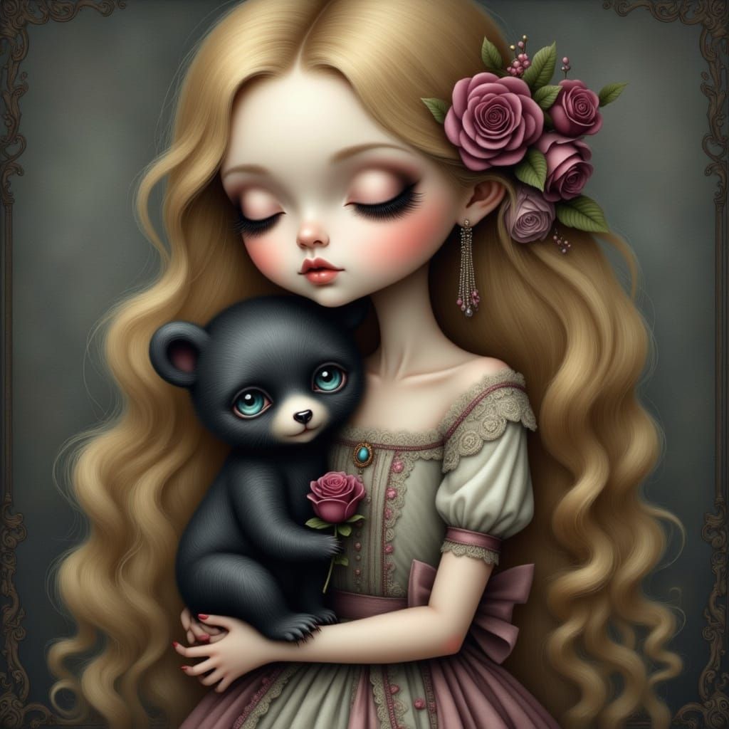 Whimsical Gothic Portrait of Girl with Black Bear