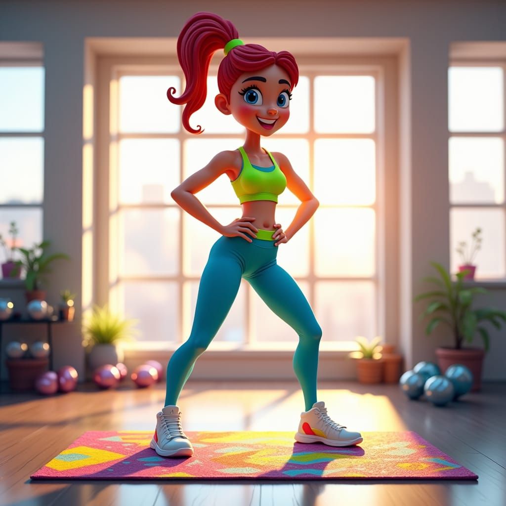 Cartoon Woman in Gym, Detailed Matte Painting
