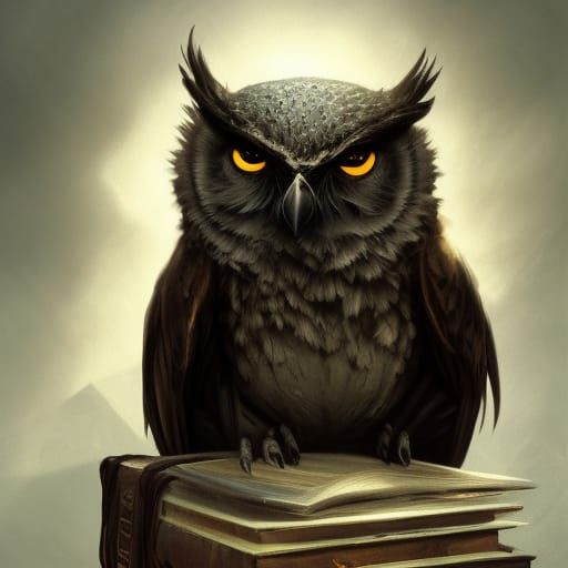 Wizard Owl on Book, Dark Fantasy Digital Art
