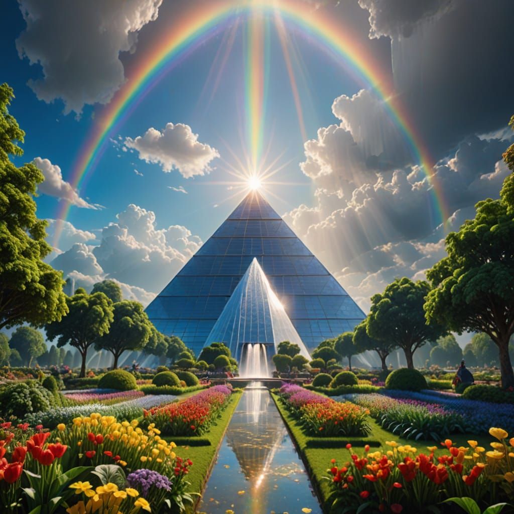 Heavenly Crystal Pyramid Oasis in Vibrant Bloom