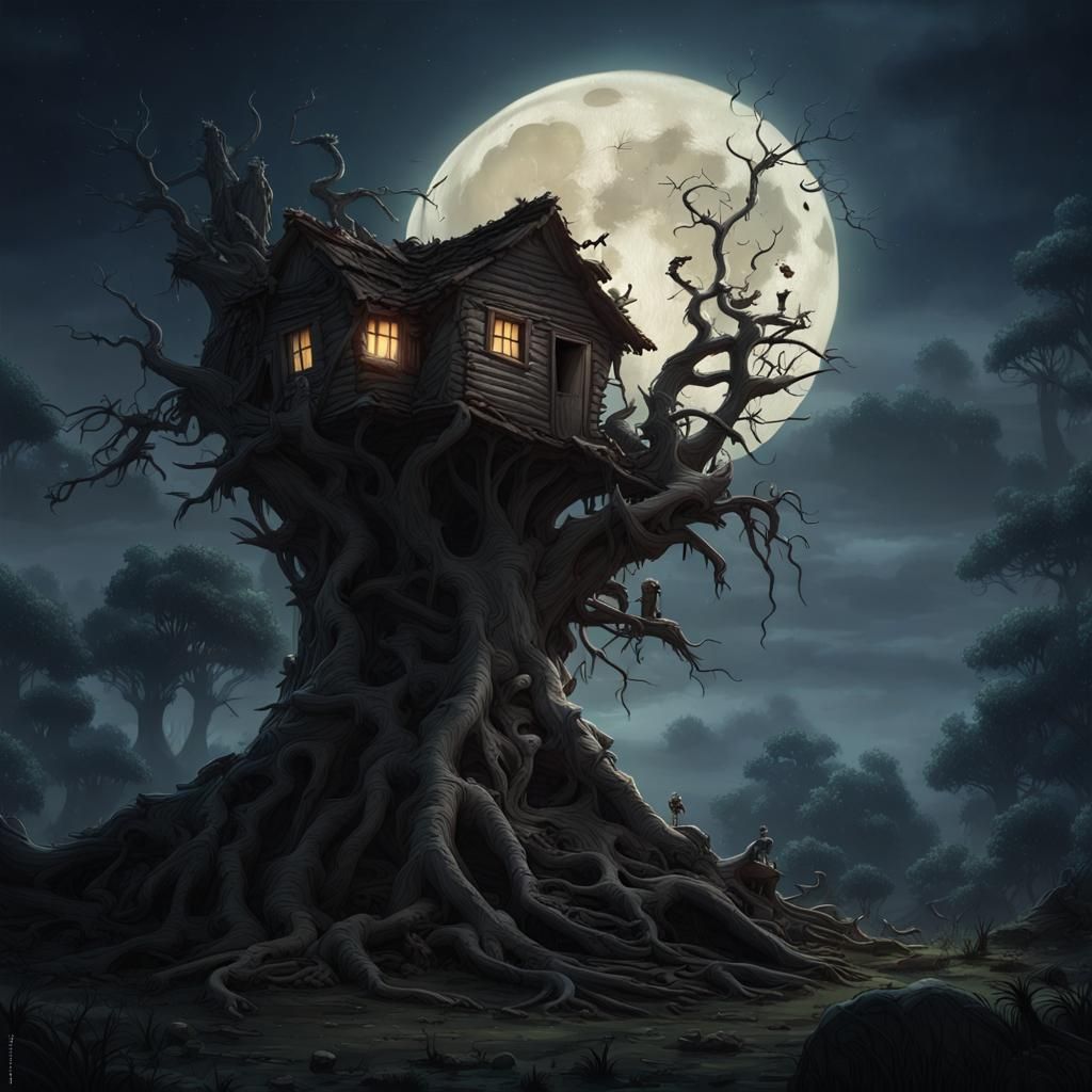 Dilapidated Tree Hut Under Moonlight