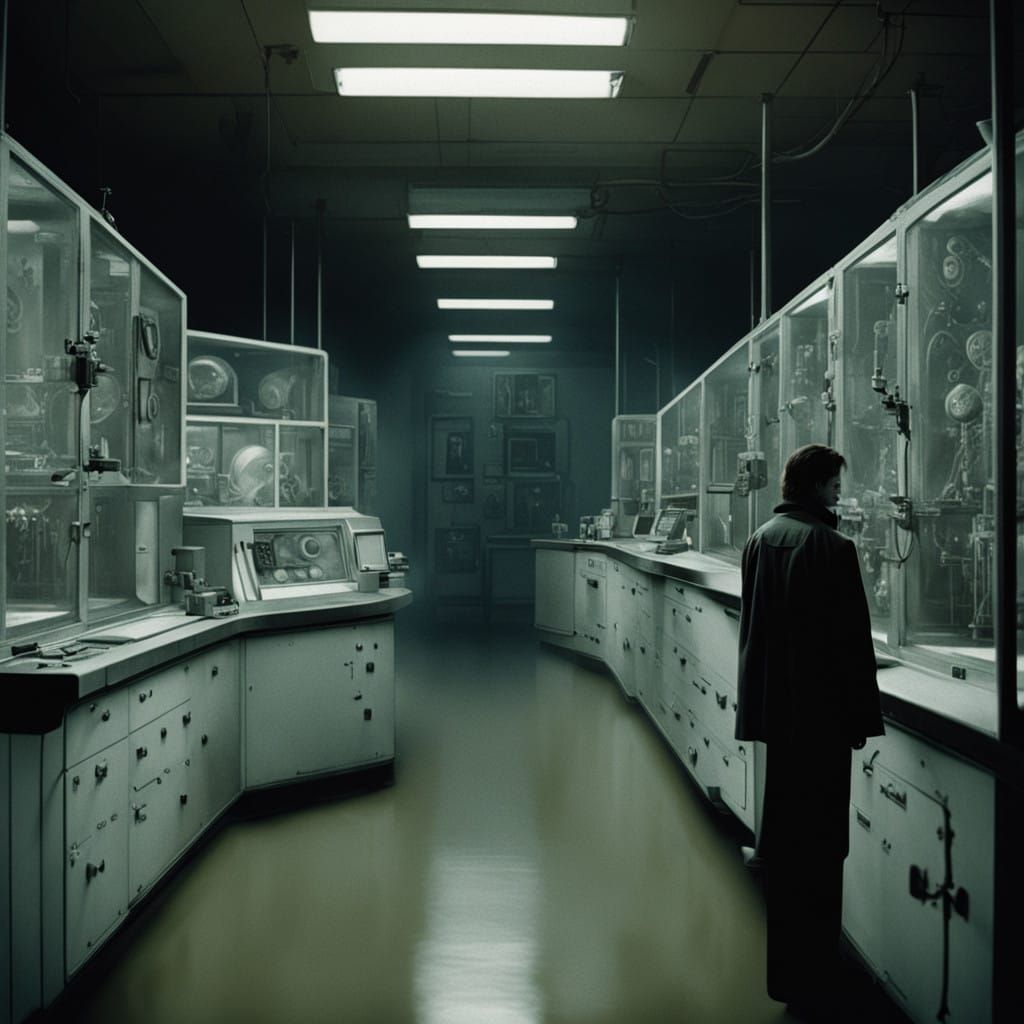 Monsters in Laboratory Vasche Under Cinematic Fluorescent Li...