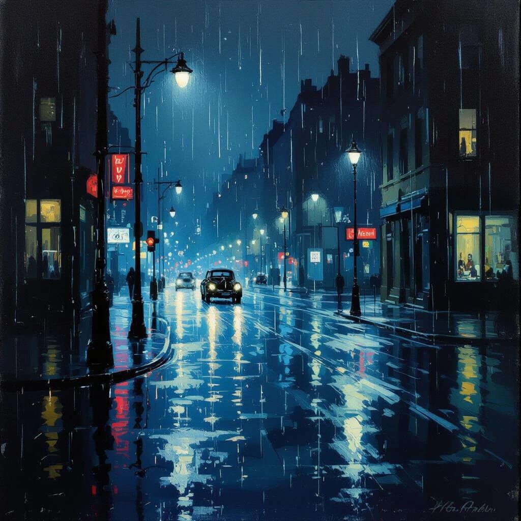 Night Rain With Neon Reflections and Wet Streets
