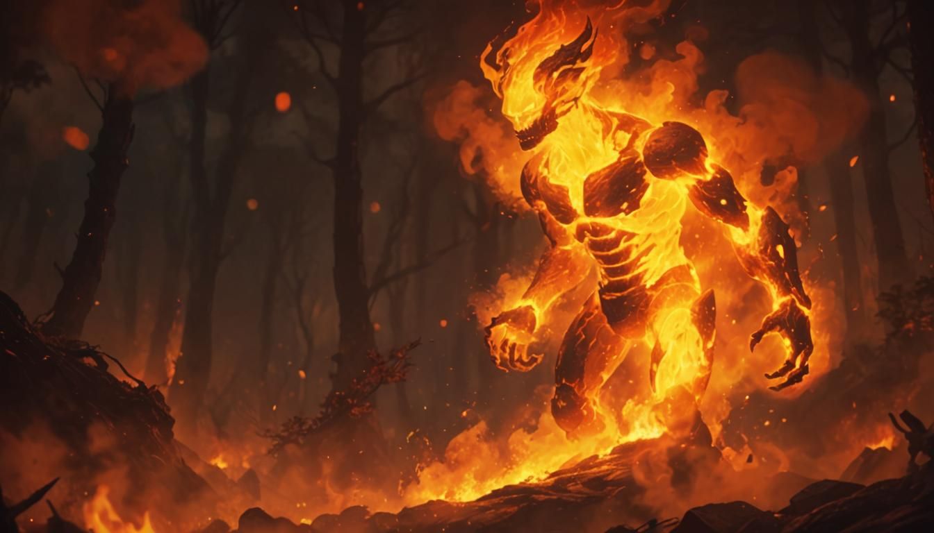 Fiery Golem in Mystical Forest, Manga Style