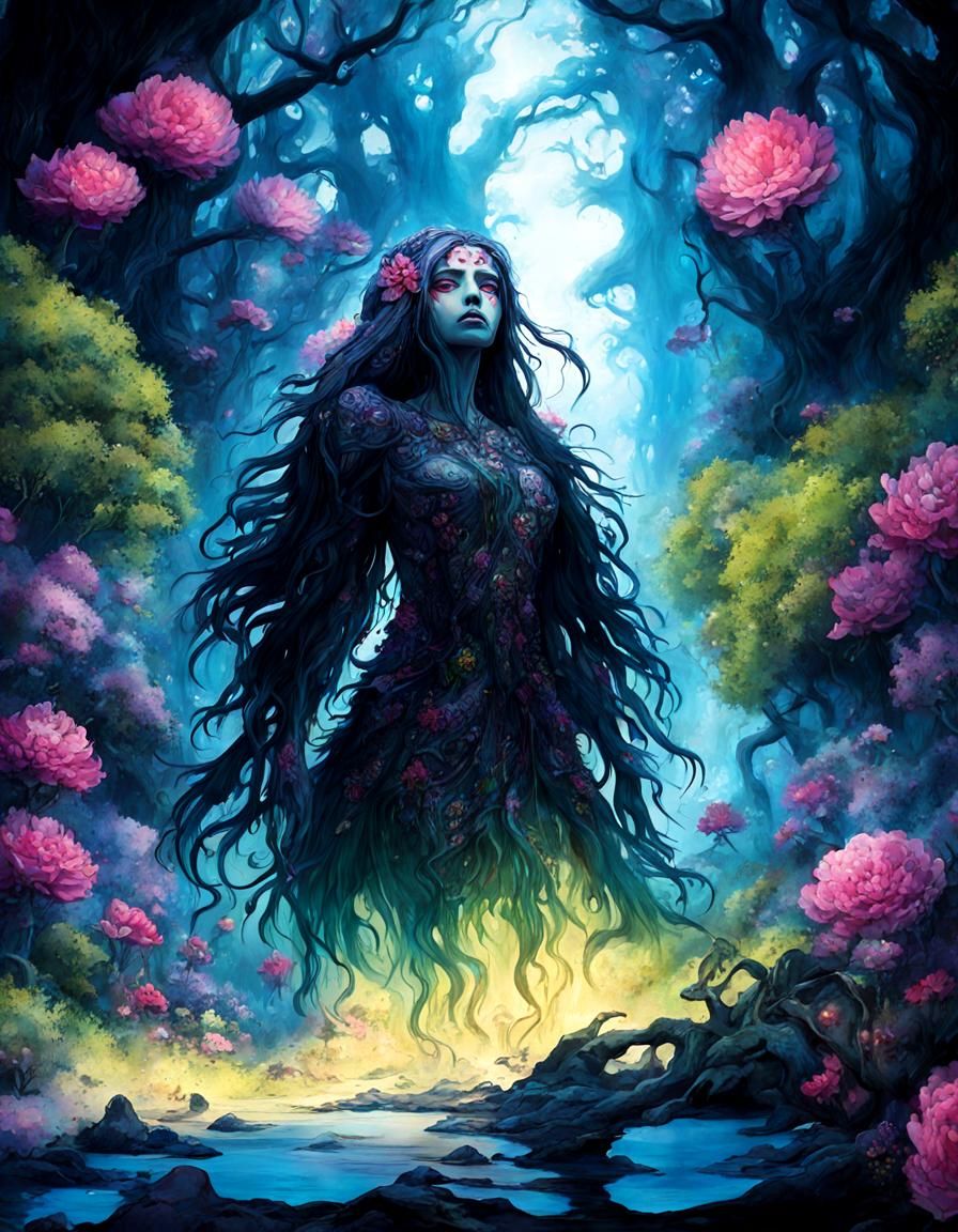 Surreal Gothic Monster in Bioluminescent Forest