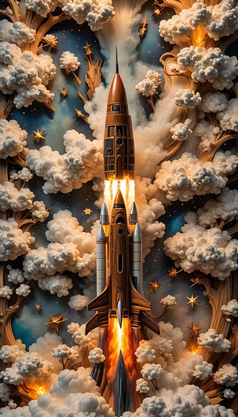 Intricate Rocket Sculpture by Wood Sculptor