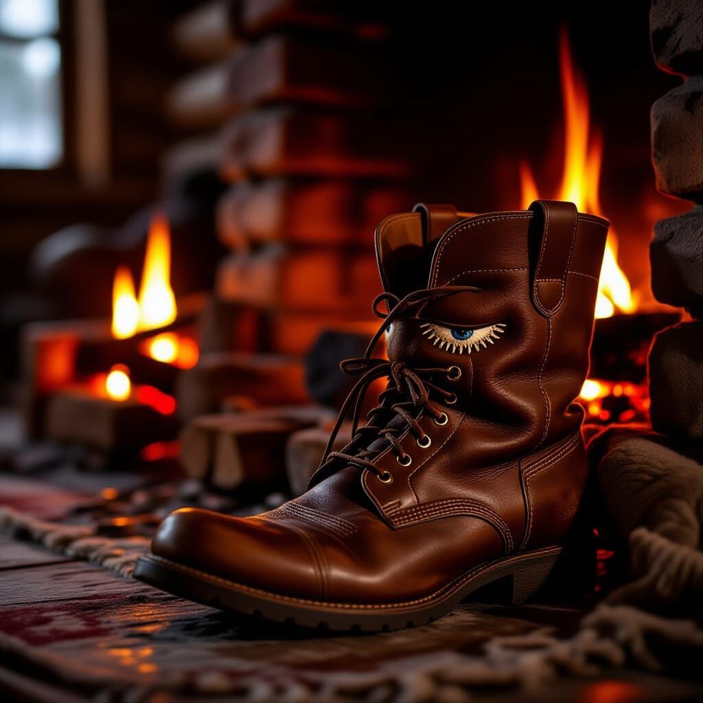 Dozing Leather Boot by Fireplace in Cozy Cabin