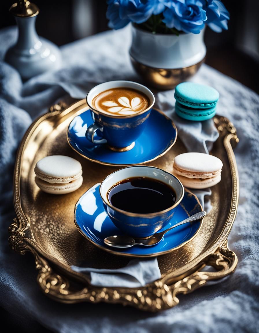 Blue and Gold Coffee Cup: Hyperrealistic Photography