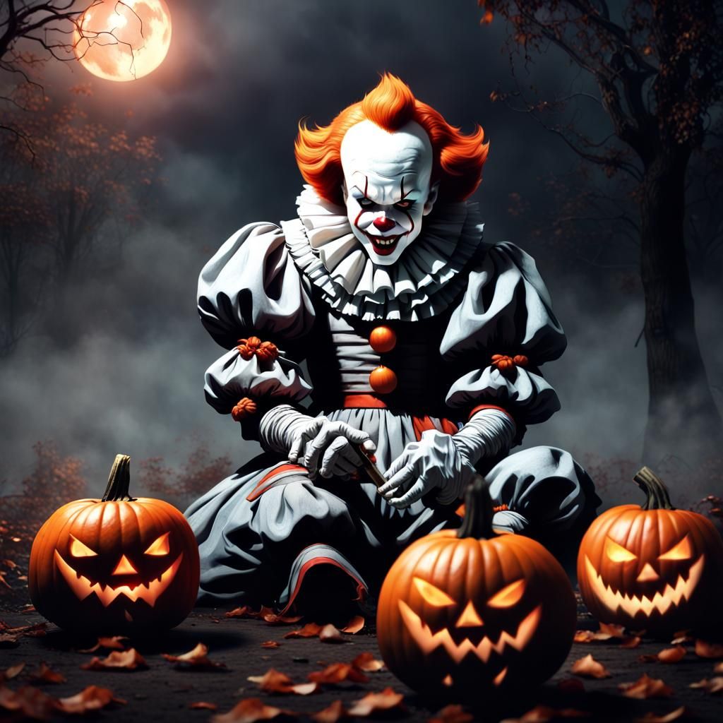 Pennywise Carving Pumpkins: Digital Fantasy Art
