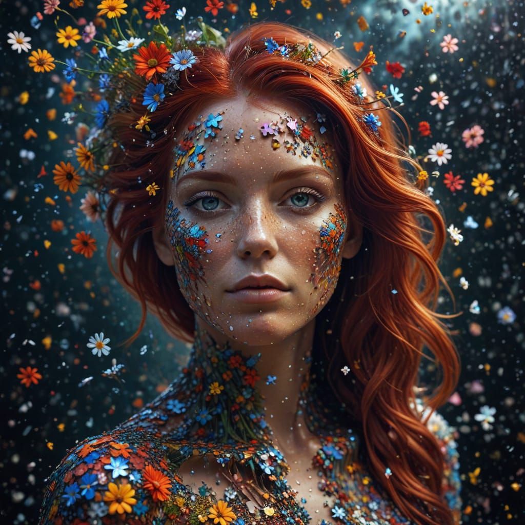 Cosmic Woman With Puzzle Piece Skin and Floral Details