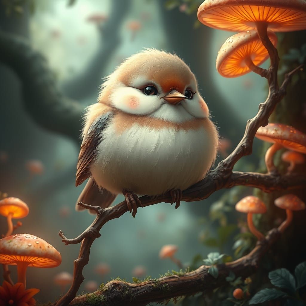 Whimsical Bird Perched on Gnarled Branch