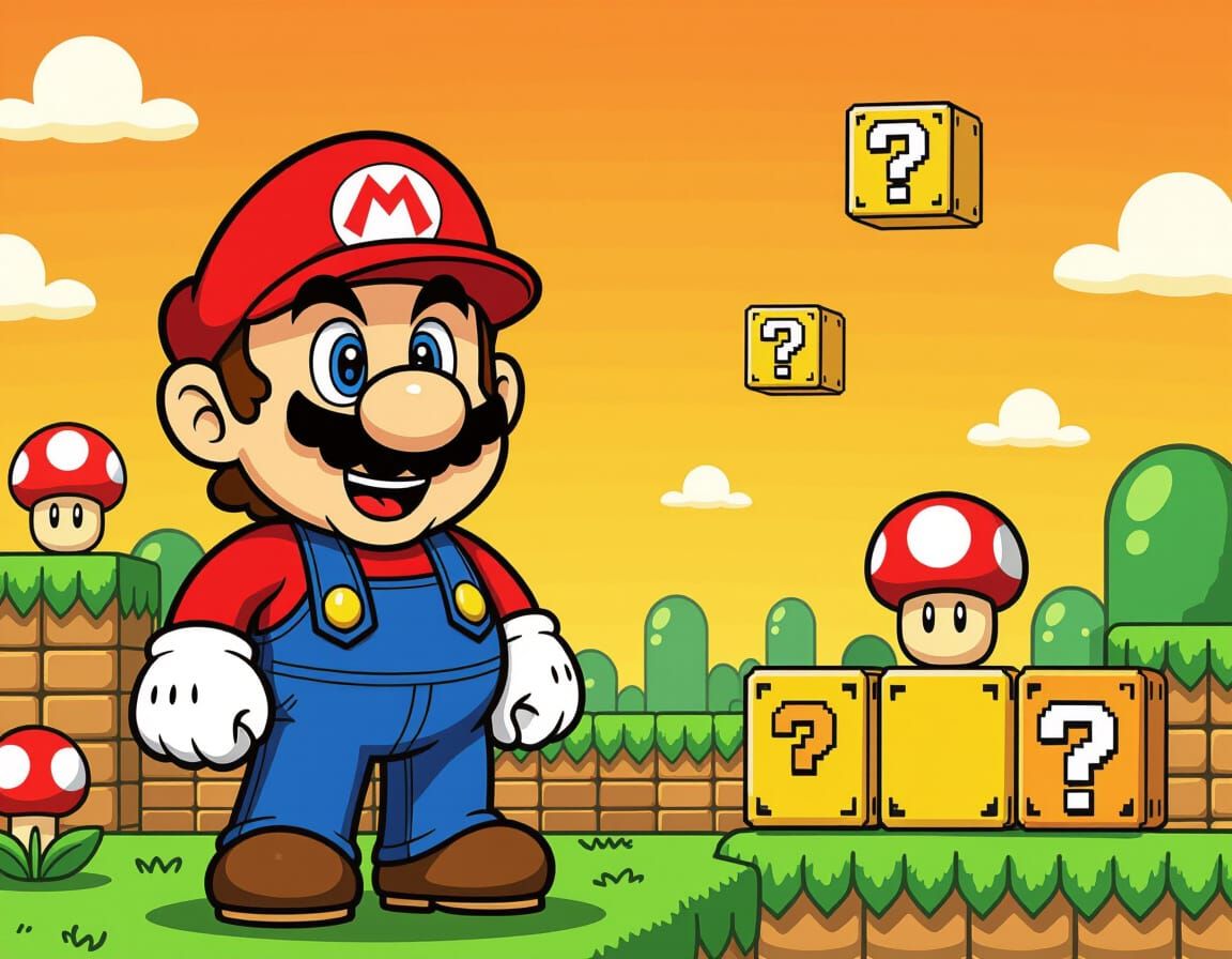 Super Mario in Cartoon Landscape, Animated Style