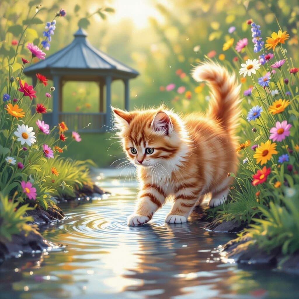Playful Kitten by Water Stream in Colorful Garden