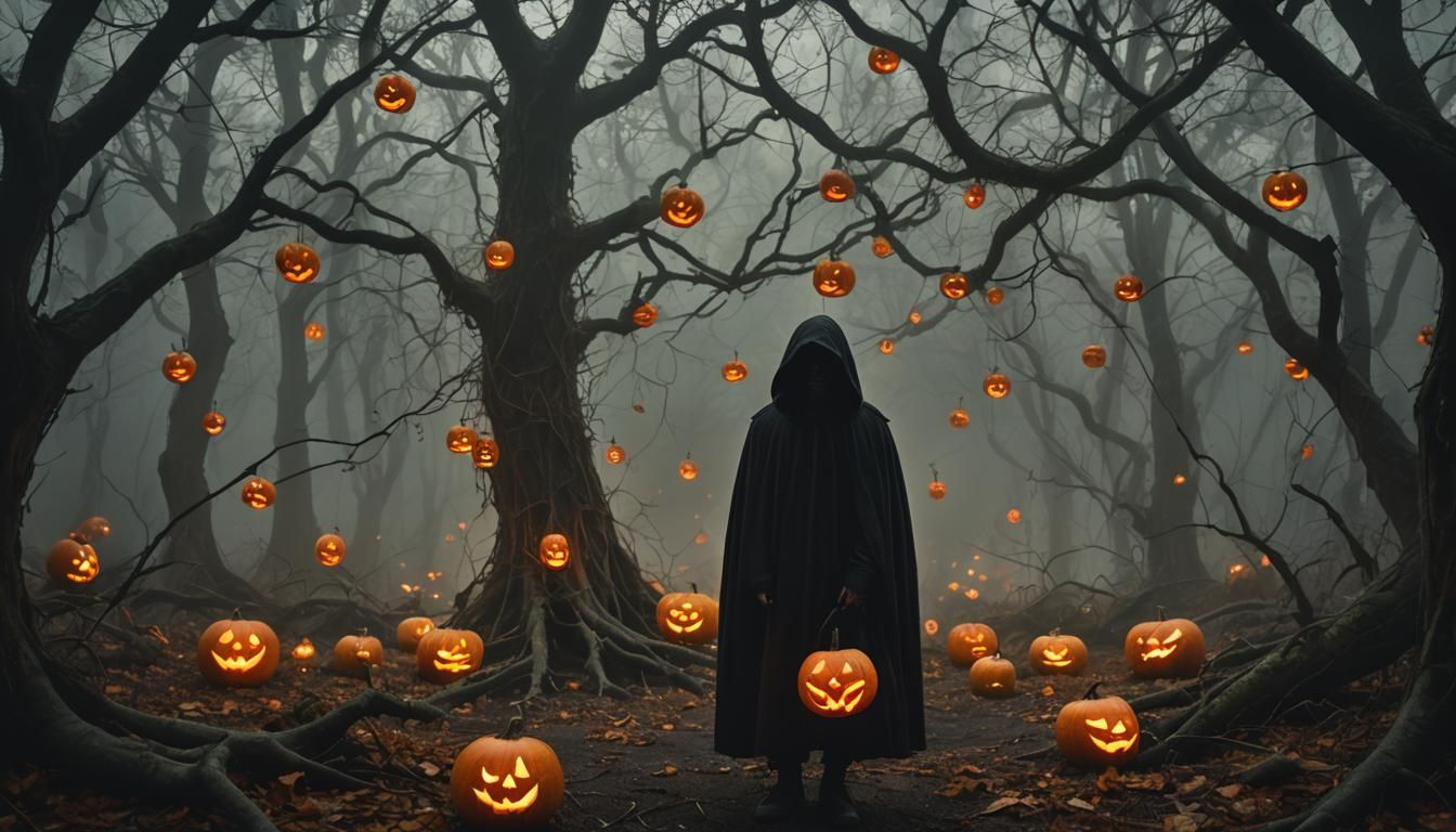Hooded Figure in Dark Forest with Jack-o'-Lanterns