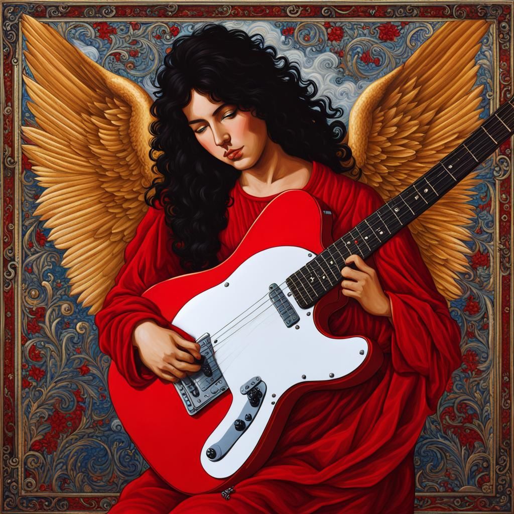 Red Angel Plays Guitar in Renaissance Style