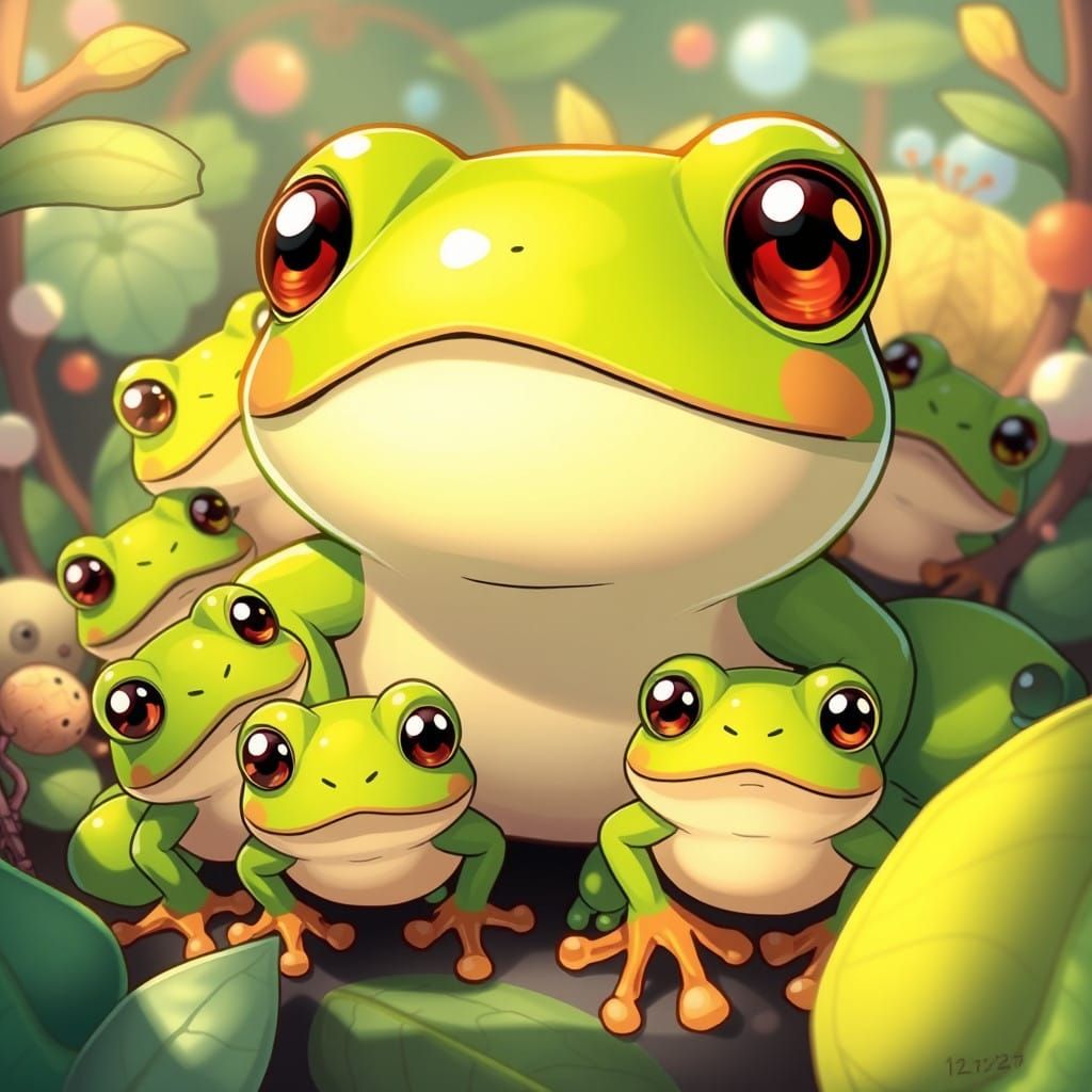 Whimsical Bright Green Frog with Adorable Froglets in Anime....