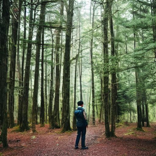 Asian Man Emerges from Forest Shadows
