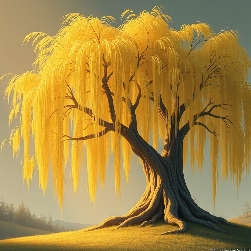 Golden Willow Tree in Whimsical Style