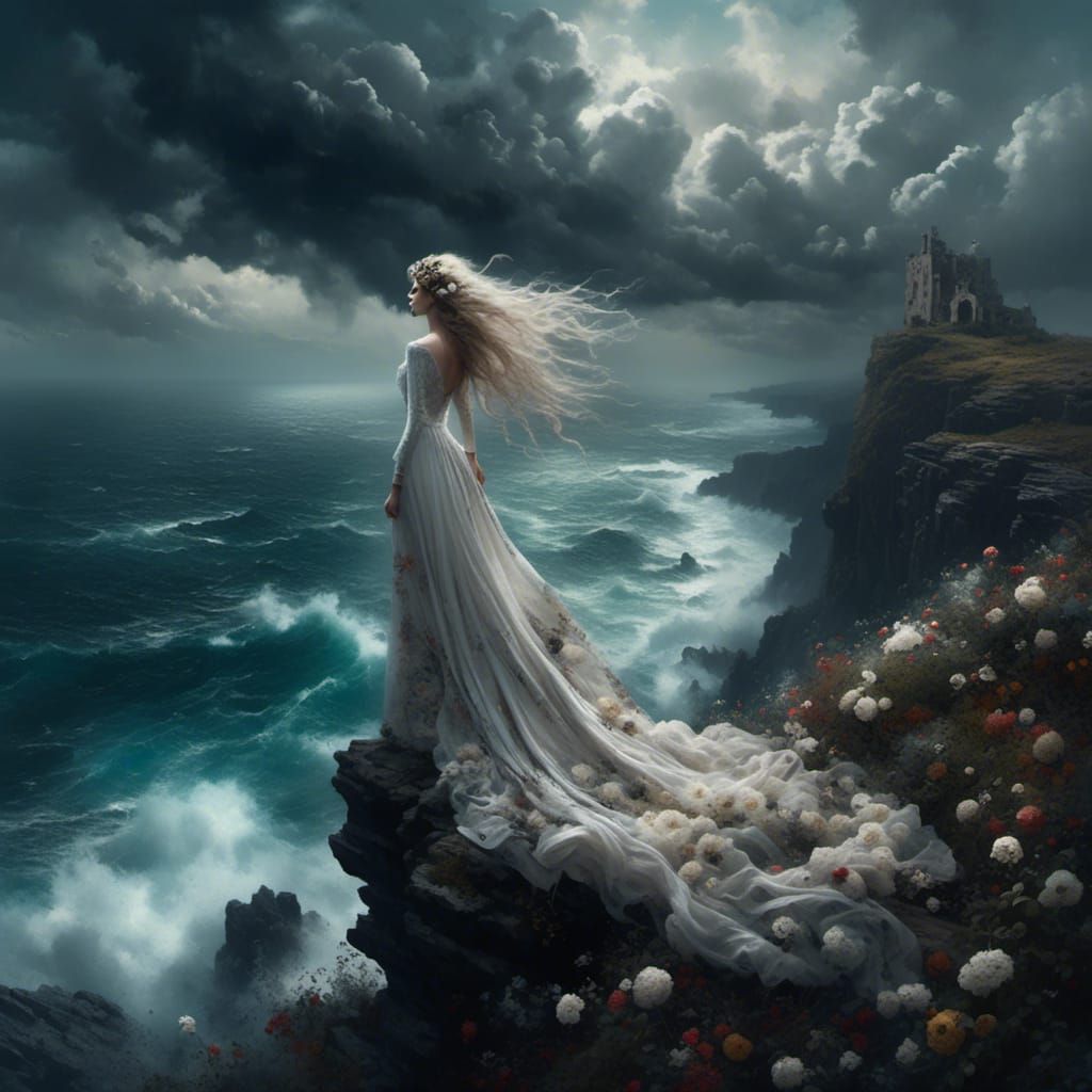 Man on Cliff in Stormy Ocean with Flower Crown