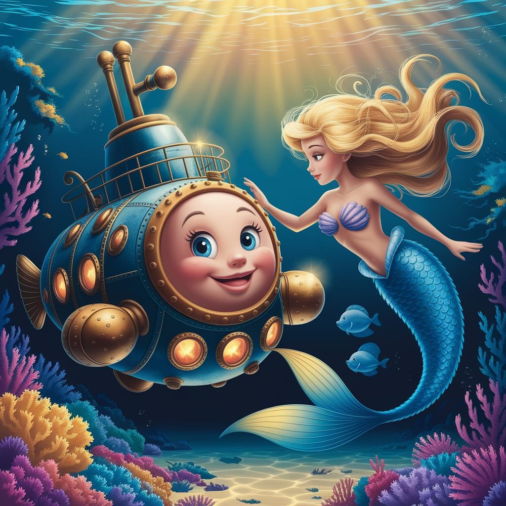 Smiling Submarine and Mermaid in Underwater Scene
