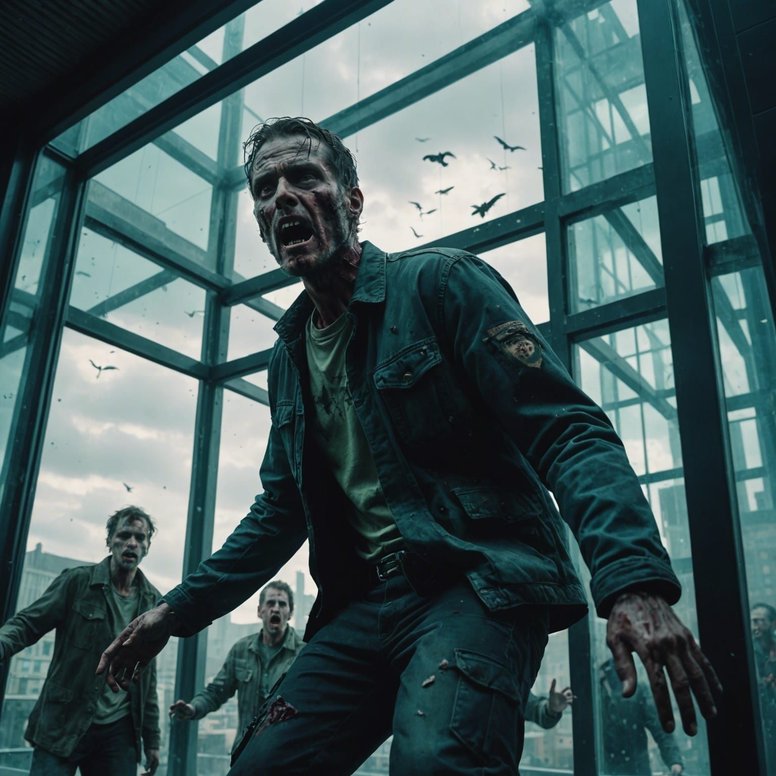 Man Trapped in Glass Box Zombie Apocalypse Film Still
