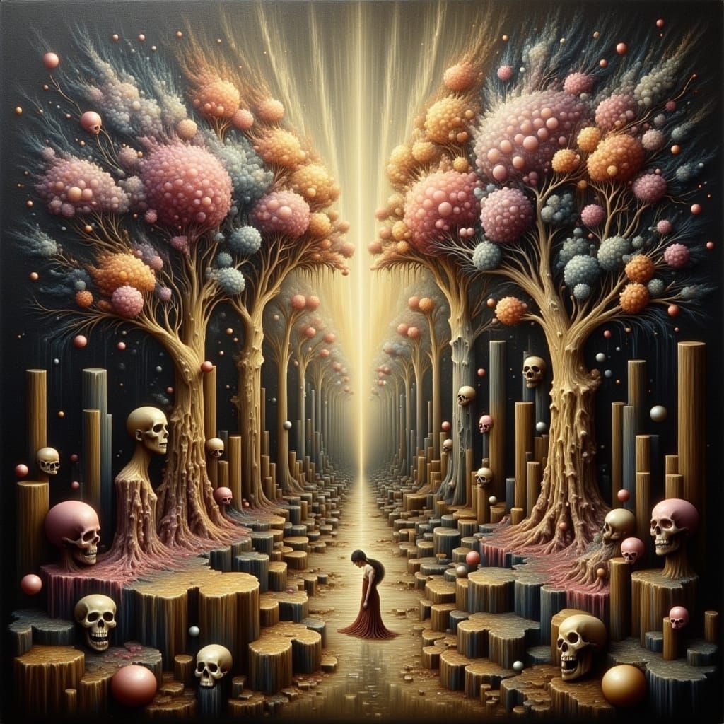 Surreal Landscape with Skulls and Roses in Oil