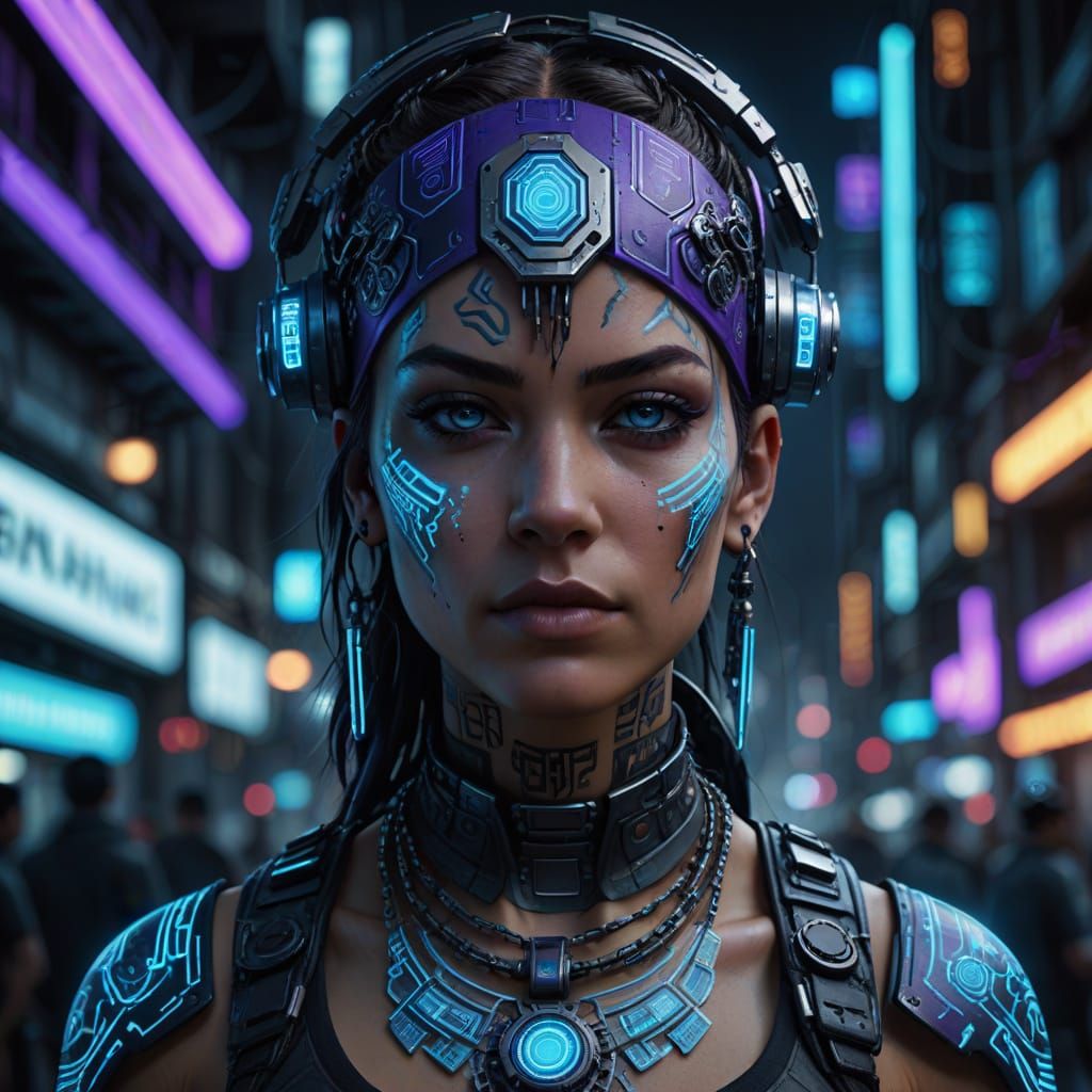 Glowing Cyberpunk Goddess with Neon Tattoos and Metallic Hea...