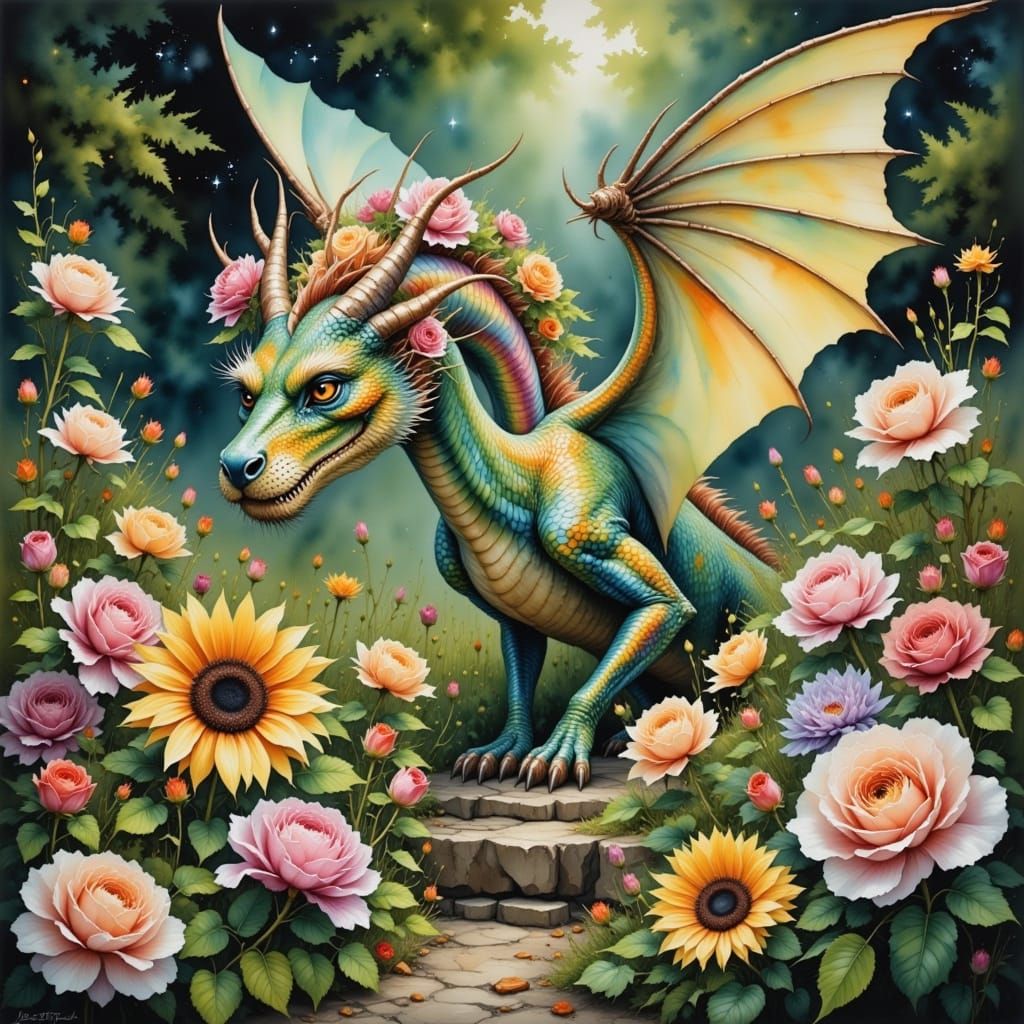 Ethereal Dragon in Whimsical Garden