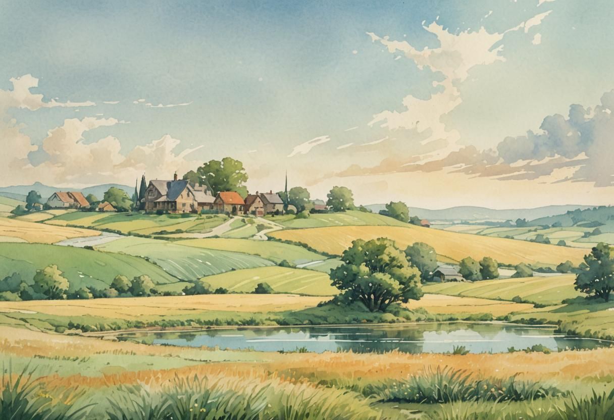 Watercolor Village Landscape in Comic Book Style