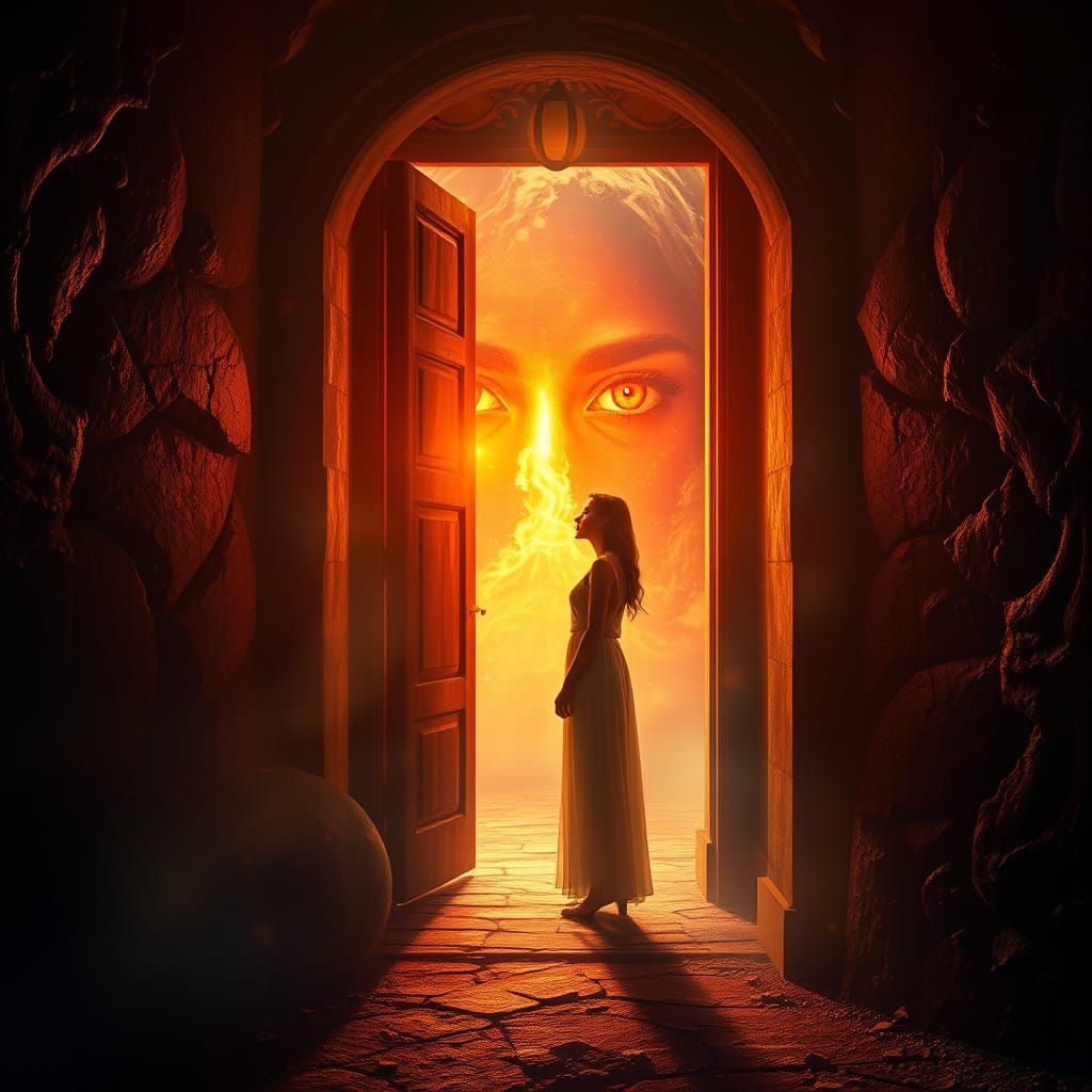 Woman Bathed in Golden Light in a Surreal Doorway Scene