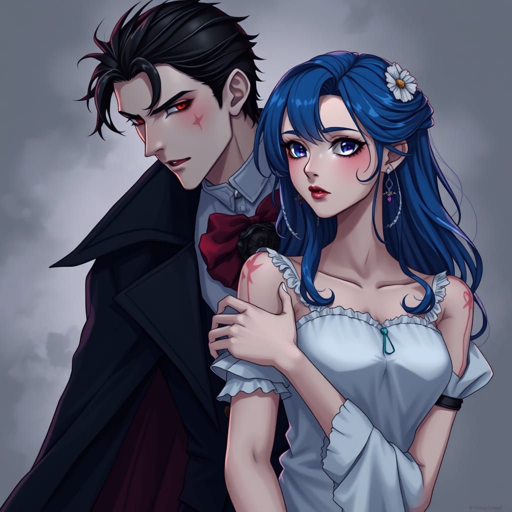 Gothic Romance Vampire Couple in Victorian Style Anime Art