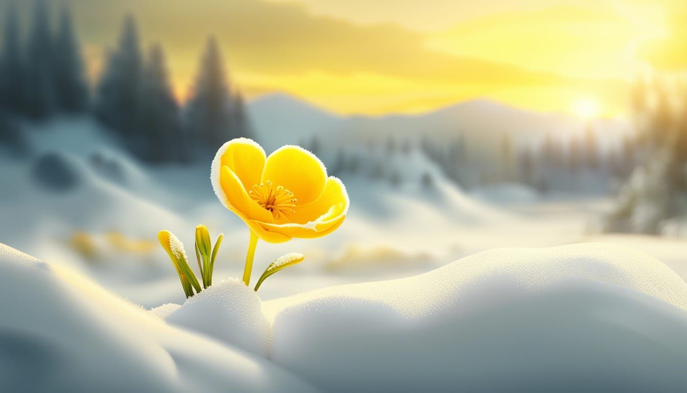 Buttercup Emerging from Snow at Sunrise
